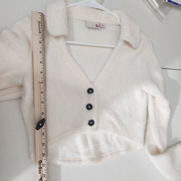 SO Sweater Womens Cropped Button-Up Cardigan Faux Fuzzy Knit Small White - Picture 6 of 12